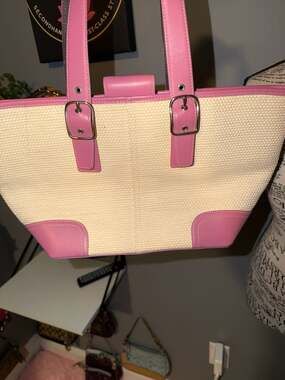 Vintage Coach Hampton Straw Tote Bag with Pink Leather Trim 4468